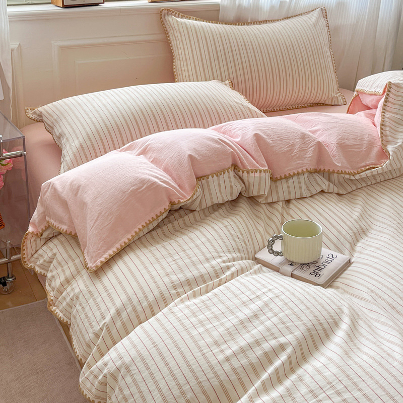 Four-piece Striped Cotton Bedding Set With Fitted Sheet For Home_voghion.com