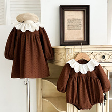 秋季新款女童连衣裙女宝宝韩版长袖碎花蕾丝领公主裙婴儿爬服哈衣