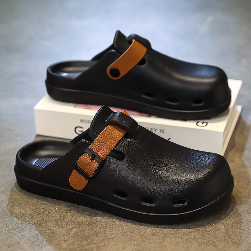 Dép sandal nam nửa gót đế dày chống trượt kiểu lười đi biển — kaki, xám, đen