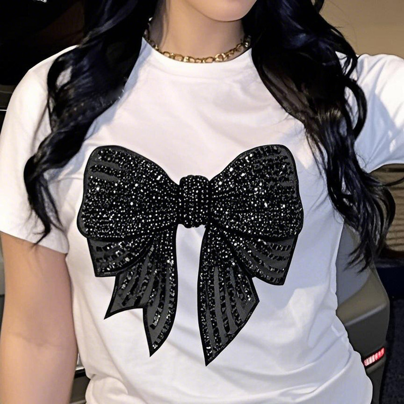 European and American Cross-Border Export Round Neck Short-Sleeved Cute Sequin Bow Pattern Trendyy Summer New T-Shirt for Women