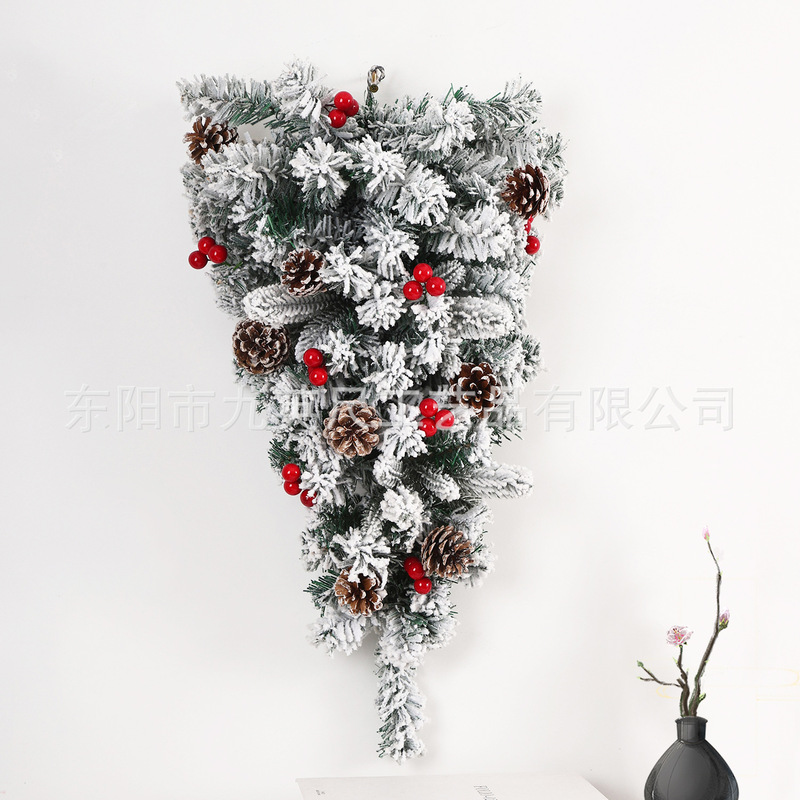 2025年新作クロスボーダー松ぼっくり赤い果実逆さまクリスマスツリー降雪植毛クリスマス屋内雪景色雰囲気作りツリー|undefined
