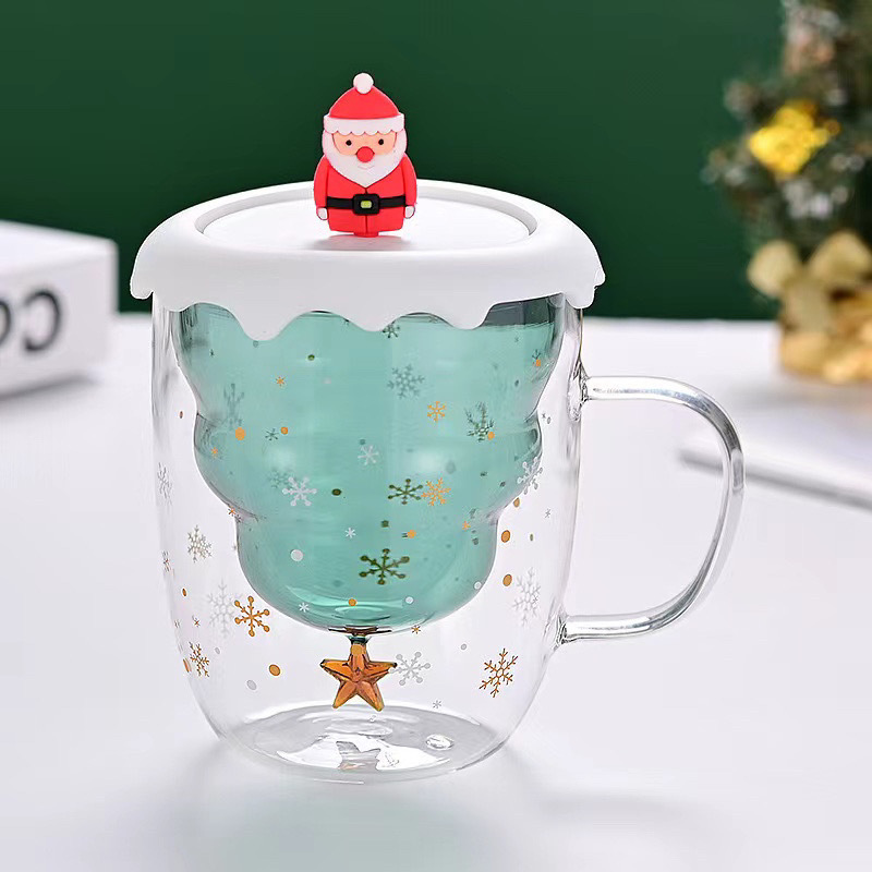 Taza de Navidad con aislamiento térmico de doble capa Taza de café con tapa Taza de vidrio de borosilicato al por mayor Taza de vidrio de alto valor resistente a altas temperaturas