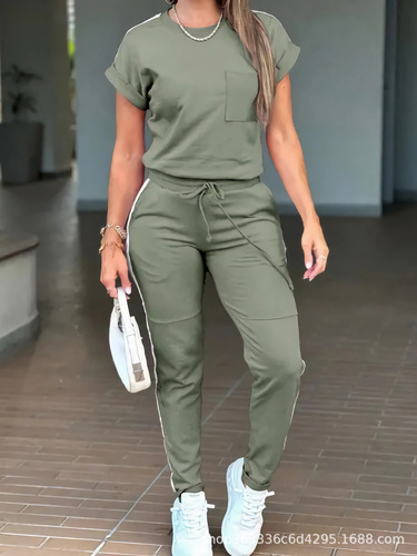 Cross-border EU & US Amazon 2025 New Women's Set: Casual Sports Solid-Color Two-Piece Suit