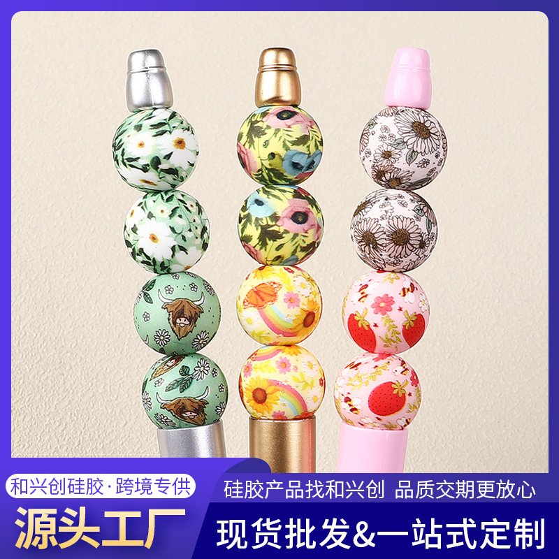 跨境热销水转印硅胶珠子复古花朵印刷散珠DIY饰品手链15mm印刷珠