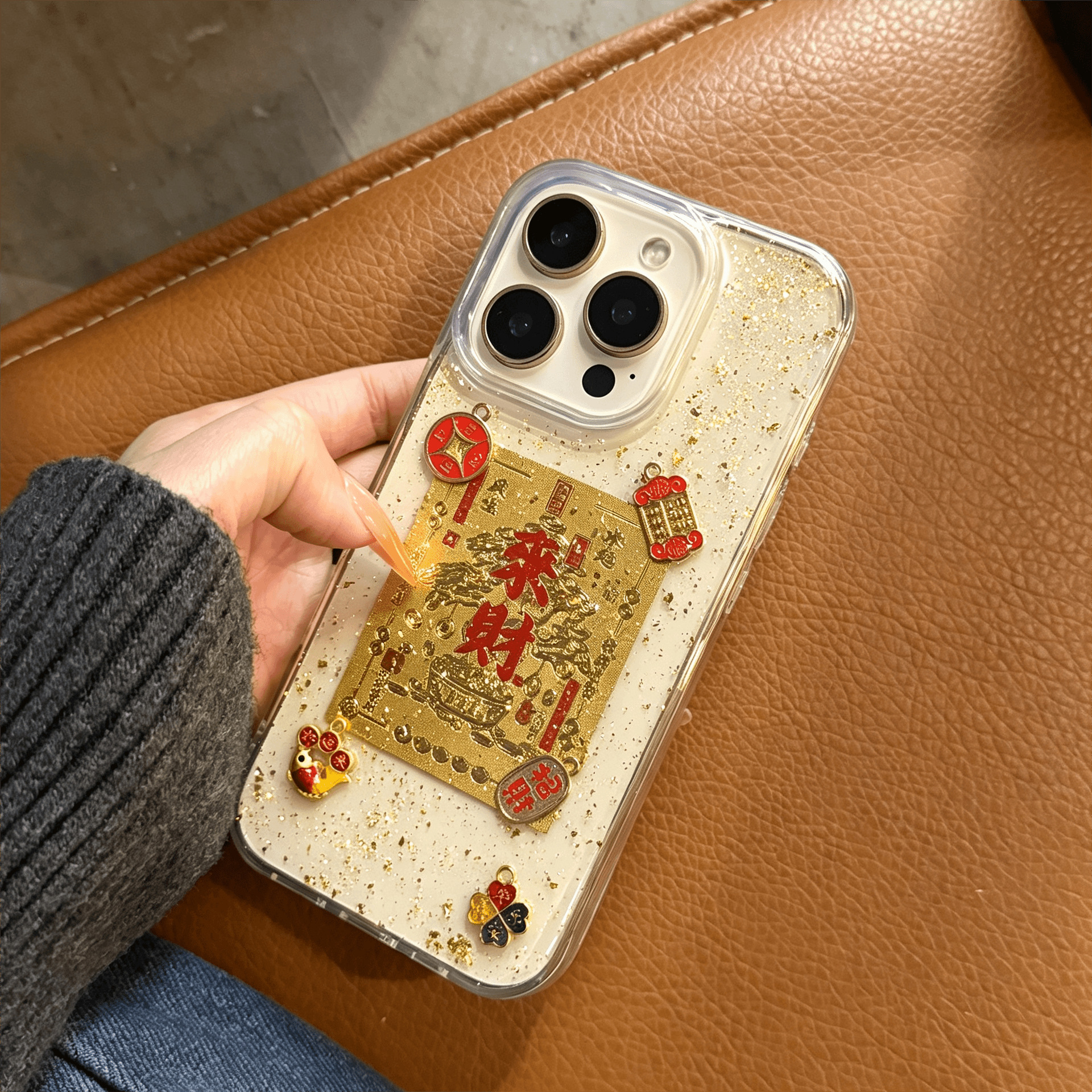 适用苹果18promax手机壳iphone17滴胶金箔来财招财16pro新款X创意