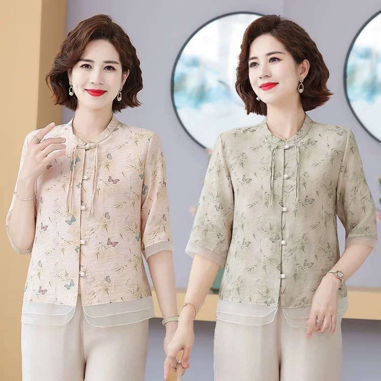 Модная женская футболка с короткими рукавами ко Дню матери, новый летний стильный шифоновый топ с половиной рукавов для людей среднего и пожилого возраста.