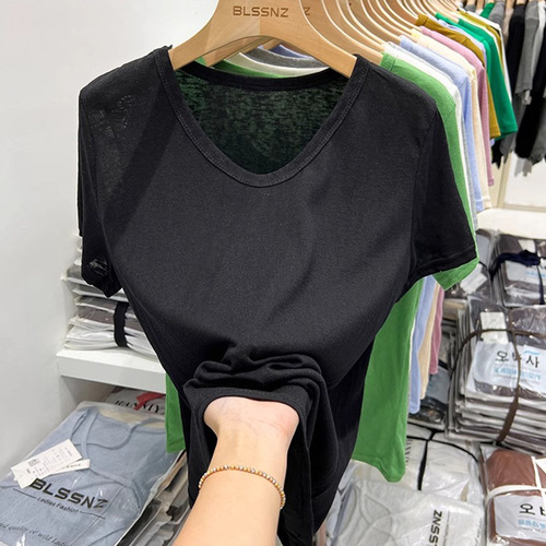 Korean-style V-neck white casual short-sleeve women's snow cotton 2025 summer new loose hide fat slimming top