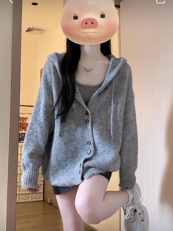 灰色连帽毛衣开衫外套女秋冬季韩系穿搭oversize慵懒风针织衫上衣|undefined