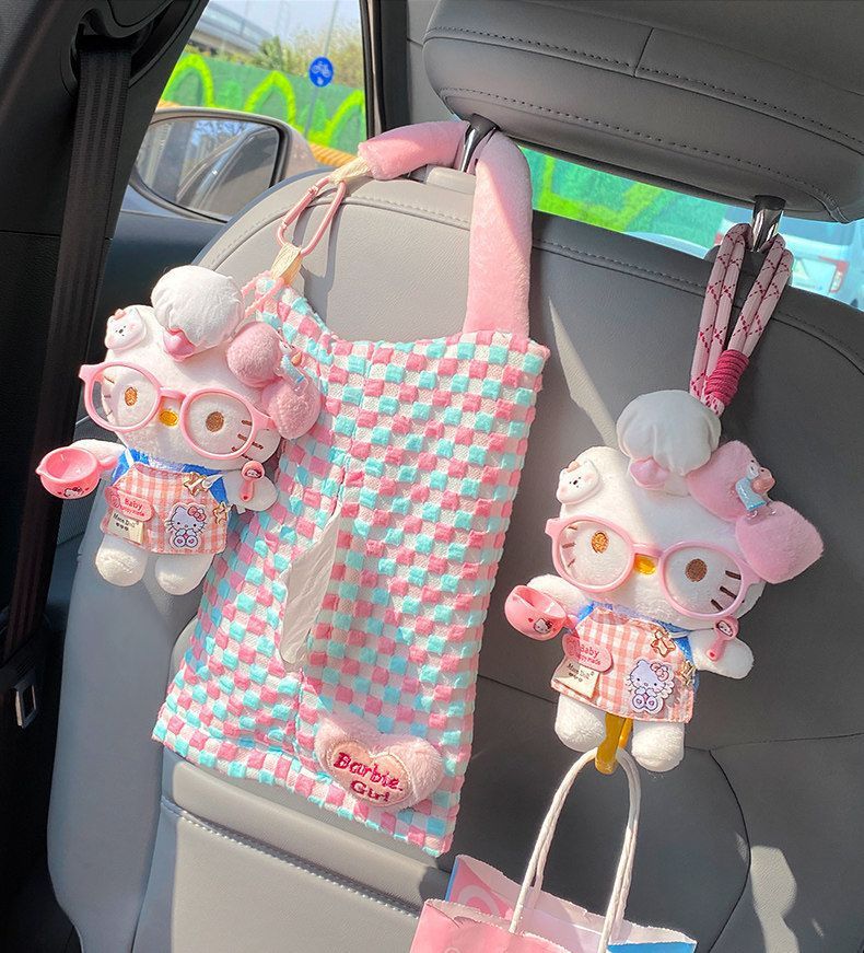 Car tissue box hook 2-in-1 cute cartoon cat storage hanging bag car seat back decoration tissue bag