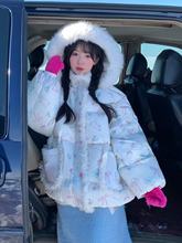 韩系时尚甜美风卡通印花连帽面包服女冬季设计感防寒加厚棉衣外套