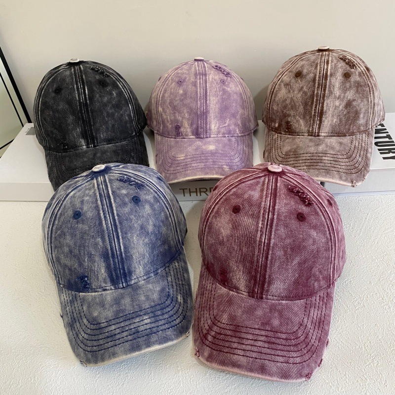 Vintage Distressed Baseball Cap for Women, Large Head Circumference, Washed Ripped Denim Wide Brim Duckbill Cap, Face-Slimming Hat for Men