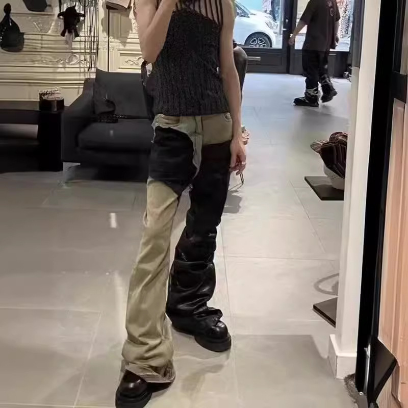 RO Style Old Washed Stitching Coated Wax Pants Wide Leg Micro La Gao Street Niche Stacked Jeans for Men and Women All-Match