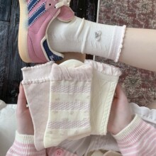 韩系粉色甜美碎花袜子女甜美春夏堆堆袜简约花边日系蝴蝶结中筒袜