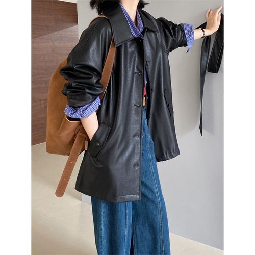 Women's black leather jacket, popular American style, petite short coat for spring and autumn, fashionable and high-end, trendy jacket.