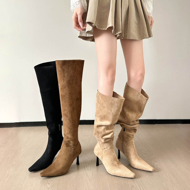 Pointed-Toe High-Heeled Over-The-Knee Boots for Women, 2025 New Autumn French-Style Khaki Thin-Heeled Ruched Booties, Riding Boots Pointed-Toe High-Heeled Over-The-Knee Boots for Women, 2025 New Autumn French-Style Khaki Thin-Heeled Ruched Booties, Riding Boots