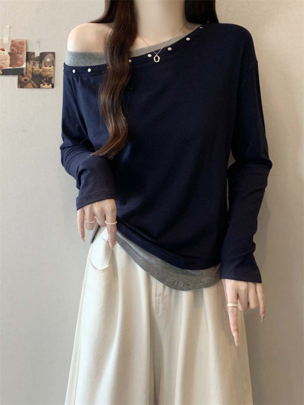 美式辣妹假两件斜领露肩长袖t恤女秋季修身设计感打底衫内搭上衣|undefined