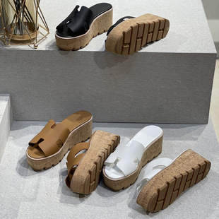 2022 Genuine Leather Outwear All-match High-heeled Slippers Women's Wedge Solid Color Platform Sandals Thick-soled Roman-style Shoes