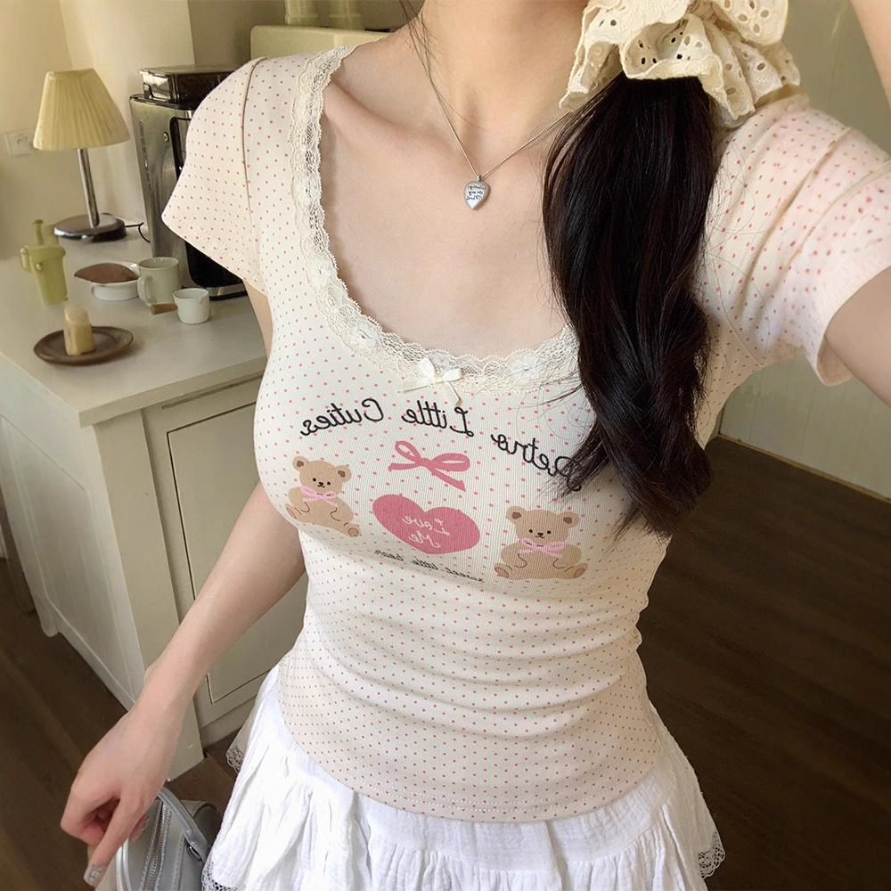 温柔风小熊印花蕾丝短袖粉色T恤女夏季甜辣妹打底衫修身内搭上衣