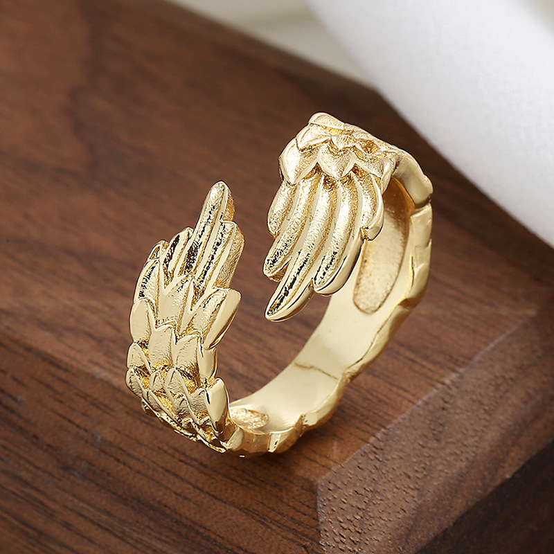 Wind plated silver opening feather wing ring, adjustable couple ring_voghion.com