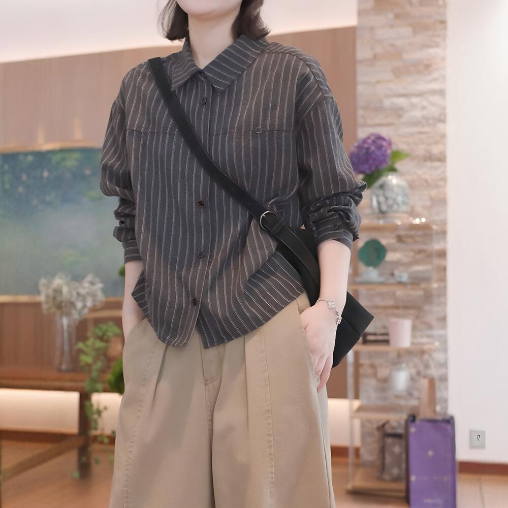 2026秋季新款松弛文艺风条纹长袖衬衫女翻领宽松显瘦洋气减龄上衣