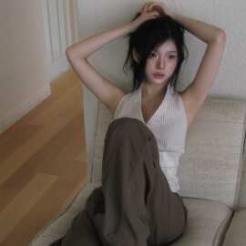韩系花边条纹挂脖吊带背心女外穿夏季单排扣修身收腰美背无袖上衣