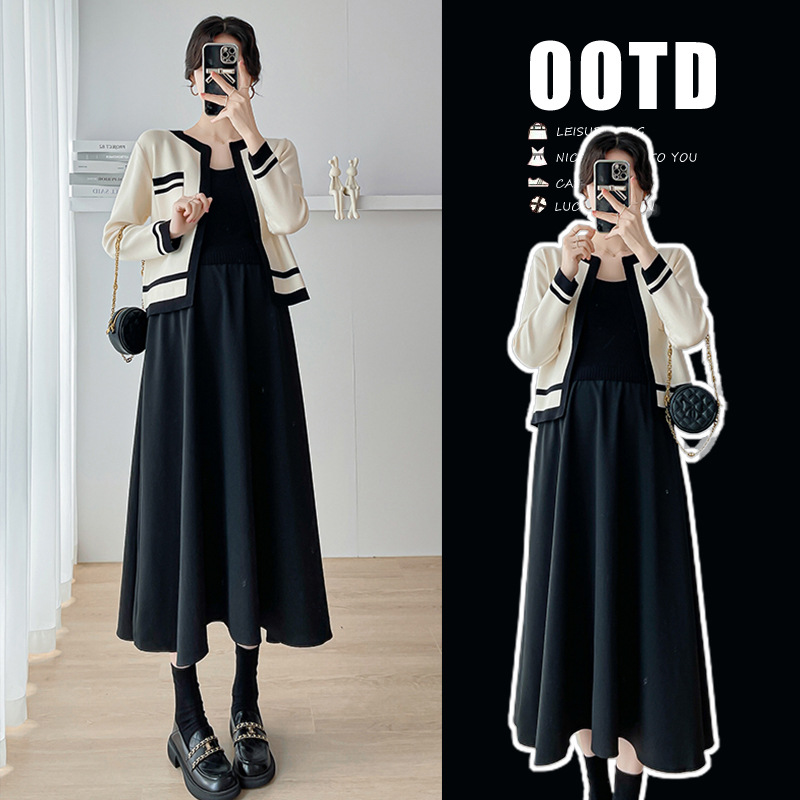 Chic Preppy-Style Maternity Outfit: Spring/Autumn Set with Textured Striped Vest, Women's Long-Sleeve Dress, and Two-Piece Suit