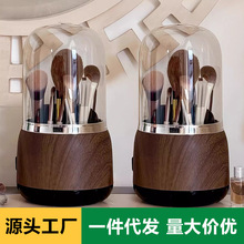 胡桃木色旋转化妆刷收纳筒桌面梳妆台高级感大容量防尘刷子收纳