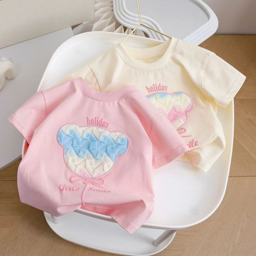 Children's Cartoon Pure Cotton Short Sleeve 2024 Summer New 3D Teddy Bear Girl Cute Sweet T-Shirt Wholesale