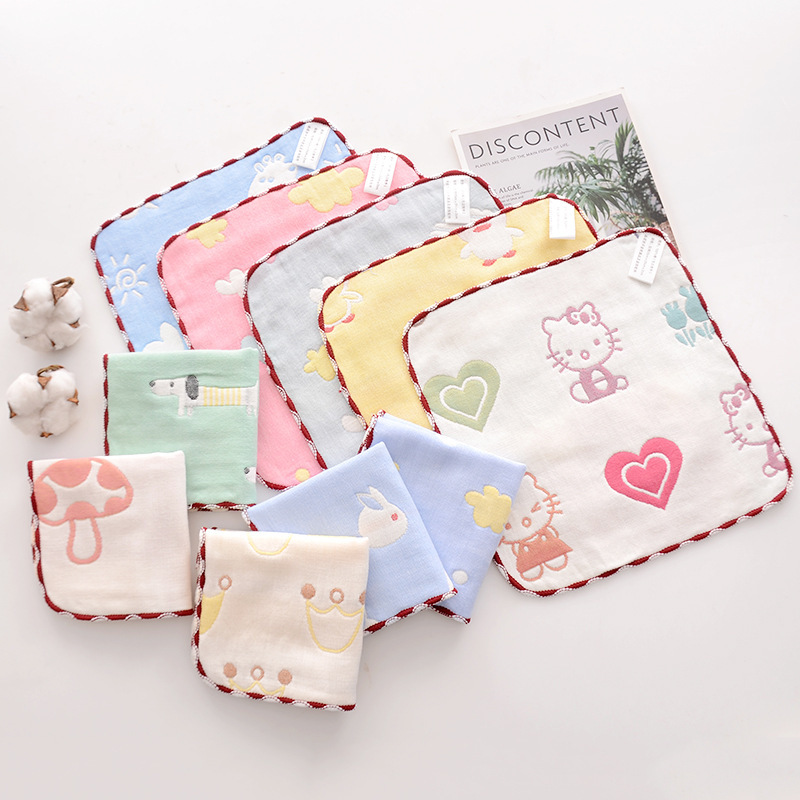 Six-Layer Gauze Cotton Absorbent Square Towel Saliva Towel 25*25 Jacquard Baby Towel Cartoon Pattern Cotton Gauze