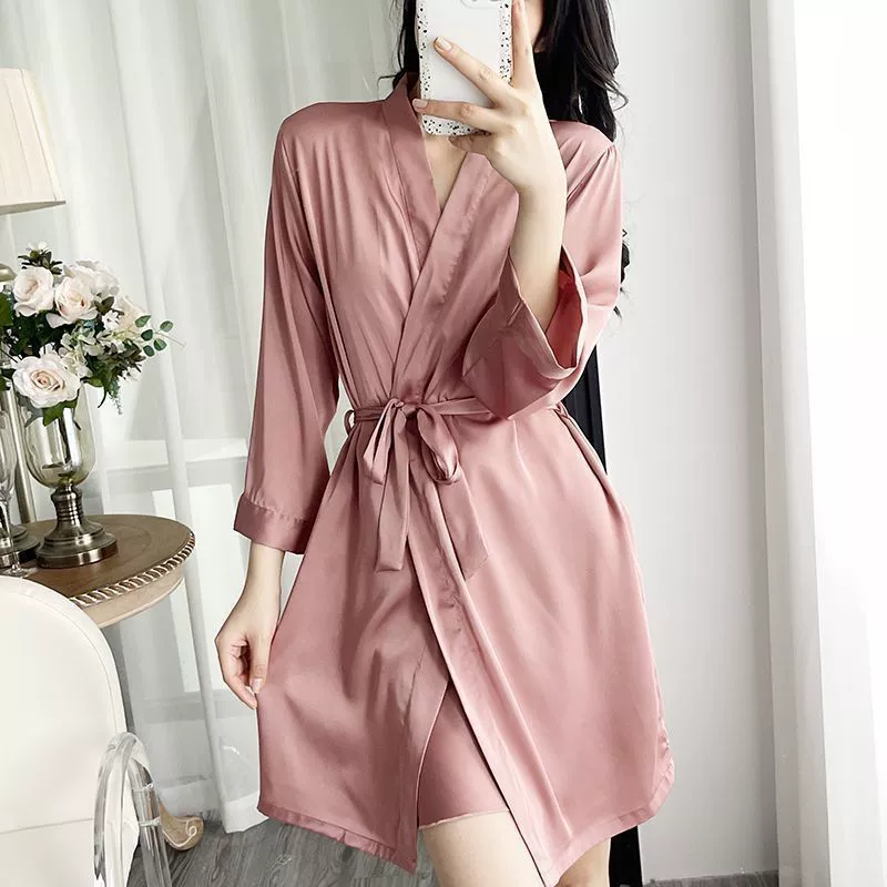 Silk sexy bathrobe, thin pijama, mid-length
