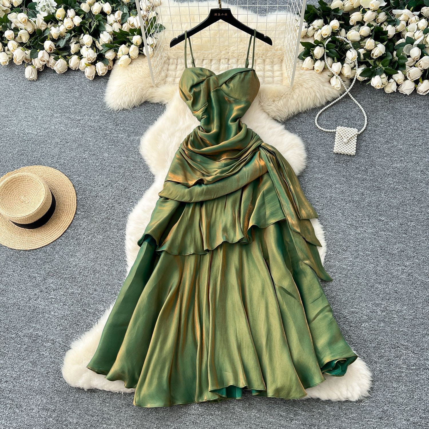 French Style Goddess Style Design Square Collar Strapless Strap Pleated Waist Ruffled dress Women's Dress