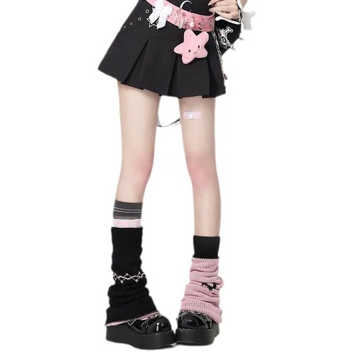 Double-sided lolita leg covers, calf knitted pile socks, black and pink y2k socks, jk personalized color matching socks