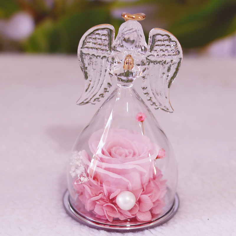 Comercio electrónico transfronterizo cubierta de vidrio flor eterna angelito rosa eterna Navidad regalo del día de San Valentín cubierta de vidrio decoración