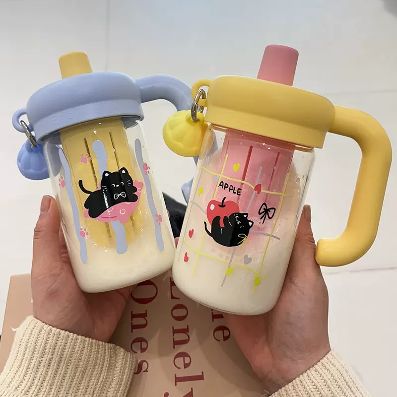 高硼硅玻璃杯高颜值耐高温便携手柄吸管杯茶水分离大容量学生水杯