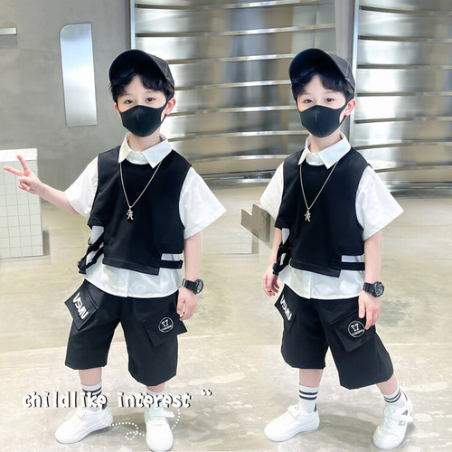 Boys vest shirt casual suit  summer new style children's handsome three-piece set baby street clothes