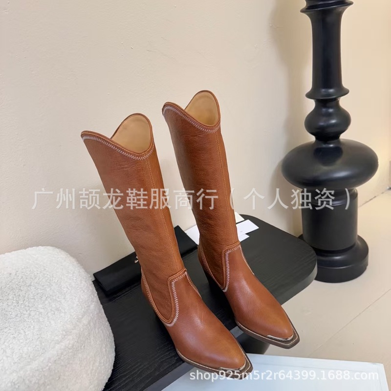 高端品质2025秋冬真皮金属方头复古粗高跟高筒骑士靴不过膝长靴女|undefined