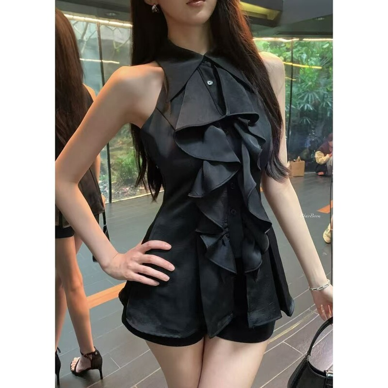 Official Image, Actual Price: Ruffled Sleeveless Blouse for Women, Summer French Style, Mid-Length, Waist-Cinching, Slim-Fit Shirt, Hot-Selling Item