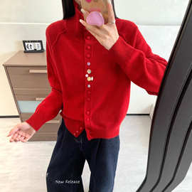 韩系针织全羊毛毛衣2025简约时尚文艺半高领开衫彩扣百搭上衣