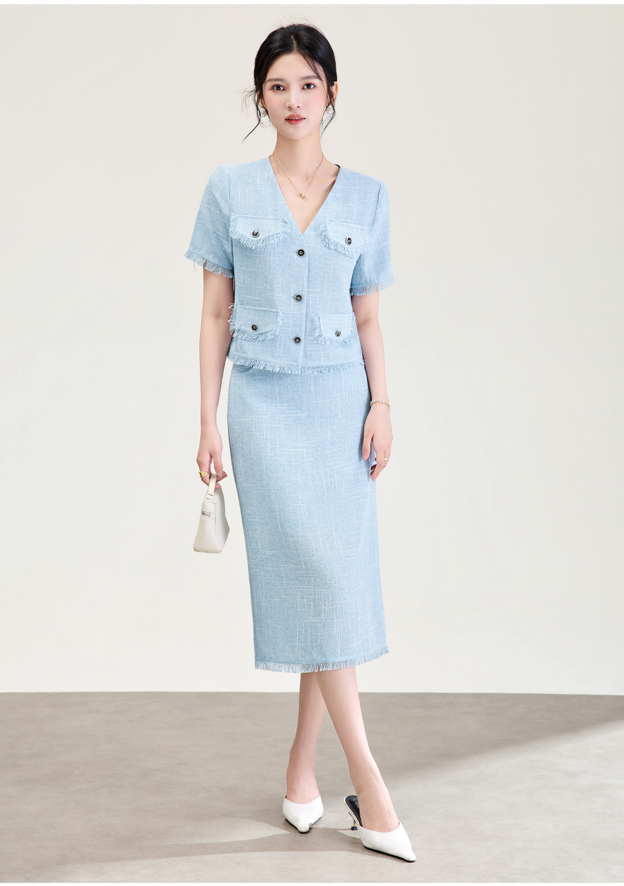 Bộ hai mảnh áo tay ngắn kiểu Chanel + chân váy midi cao cấp nữ mùa hè — xanh lam chi tiết 4