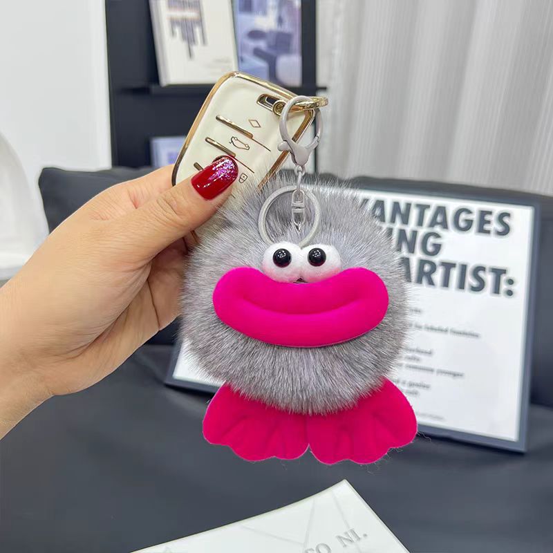 Cute zorro pelo pato boca de carbón bola de llavero de automóvil colgante en elf pelusa mochila colgante