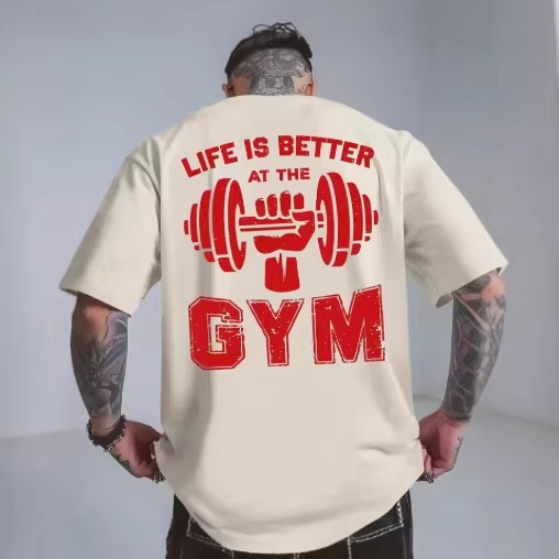 Graphic T-Shirt Life Is Better with the Gym Men's White Short-Sleeved Casual T-Shirt Sports Casual T-Shirt