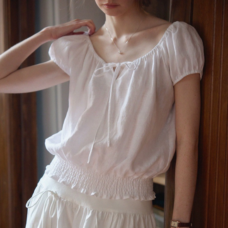 2026Ss Natural Rain Dew Sand-Washed Linen Tie-Front Smock Short-Sleeve Top