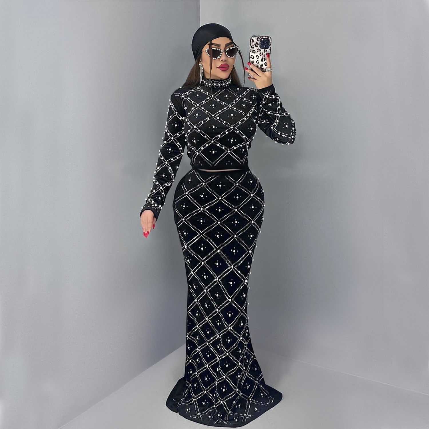 C7618 Aliexpress transfronterizo Amazon Europa y América moda de mujer elegante chaqueta de perlas de diamante caliente vestido larga de dos piezas