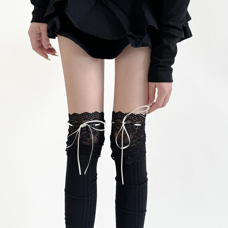 Calcetines de encaje por encima de la rodilla Calcetines de algodón Lolita pura leche blanca Medias de mujer estilo Ballet cinta costura