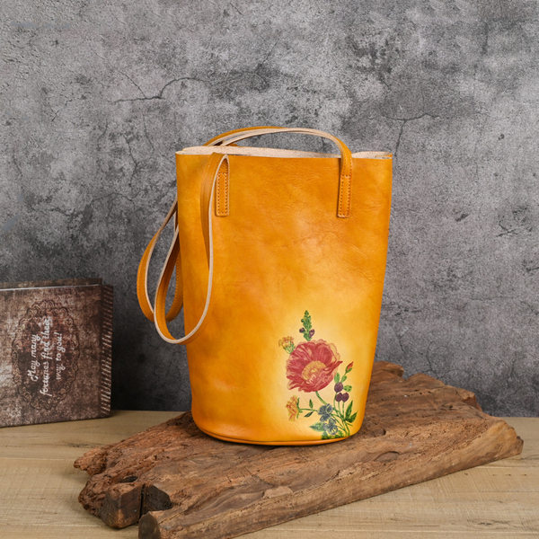 Túi bucket da bò vẽ tay phong cách cổ điển, quai đeo vai — Vàng cổ điển, Nâu cổ điển, Xám cổ điển, Màu trắng be