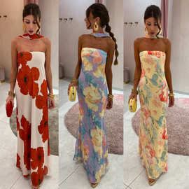 亚马逊新款连衣裙抹胸印花长裙气质女欧美聚会连衣长裙+围巾