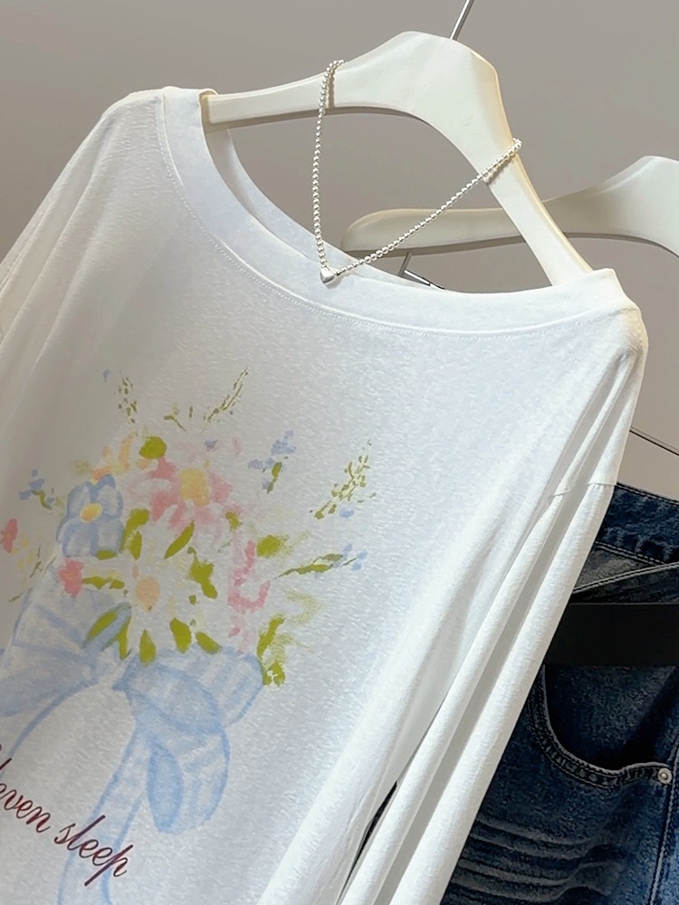 Women's White Off-Shoulder Long Sleeve Sun Protection T-Shirt Summer Loose Fit Drawstring Floral Print Cover-Up Top_ecoleips.com