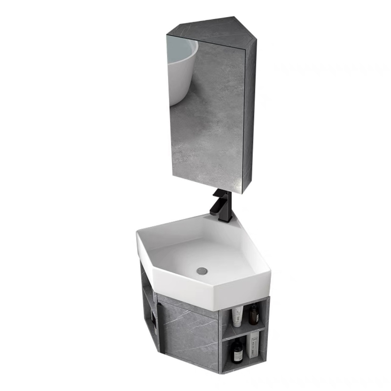 gabinete de lavabo triangular combinado tipo pequeño gabinete de baño de PVC esquina lavabo de pared esquina lavabo