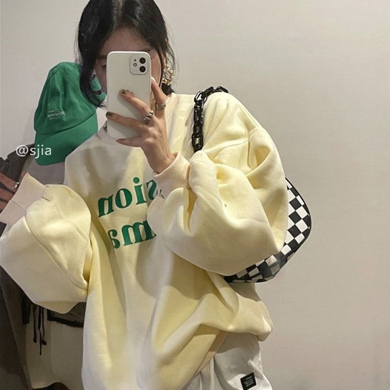 Creamy Yellow Round Neck Thin Sweatshirt for Women Spring and Autum 2023 New Korean Style Loose Design Niche Chic Top