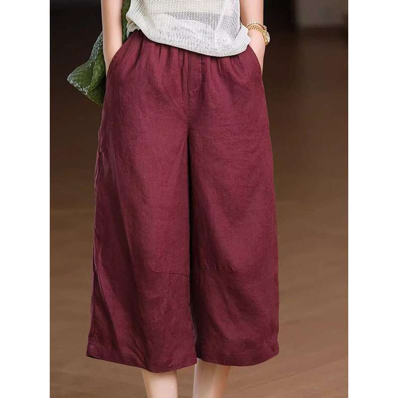 2026 Summer Comfortable Wide-Leg Cropped Pants for Women, Cotton and Linen, Elastic Waist, Loose Fit, Slimming, Artistic Retro Casual Pants, Women's Clothing